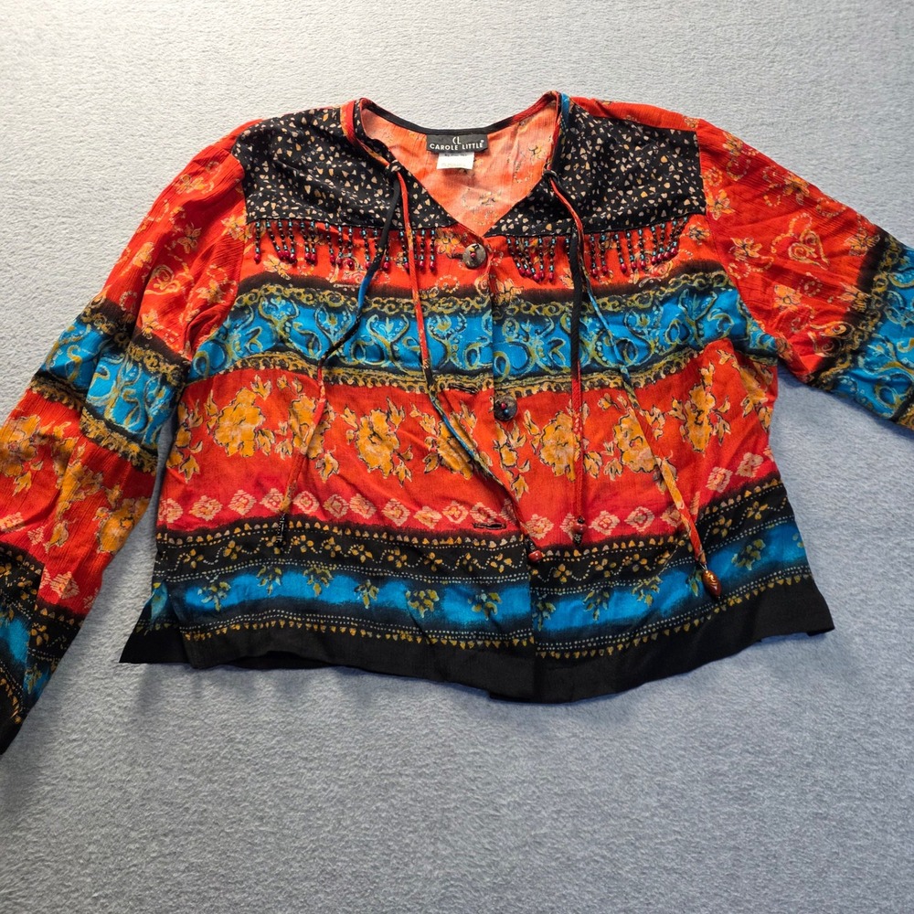 Boho Rayon Tunic Top Womens Size 14 Multicolor Fringe Peasant Carole Little